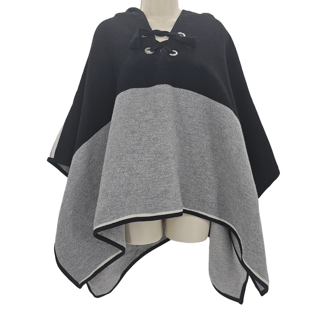 Ba&sh Womans size 1 US S Lady Cape Colorblock Poncho Wool Blend Black Gray Hood